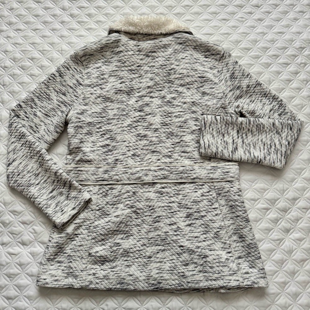 T by Talbots Fleece-Trim Quilted Jacquard Full Zip Jacket Gray Ivory Size SP - Picture 14 of 16